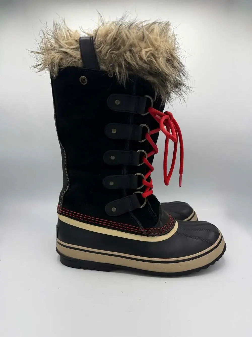 Sorel Womens Joan of Arctic Winter Boots Black Red Faux Fur Waterproof 7.5